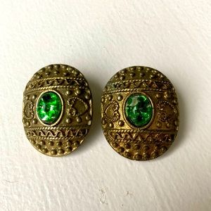Green Glass Etruscan Style Oval Brass clip-on button earrings 1.25"